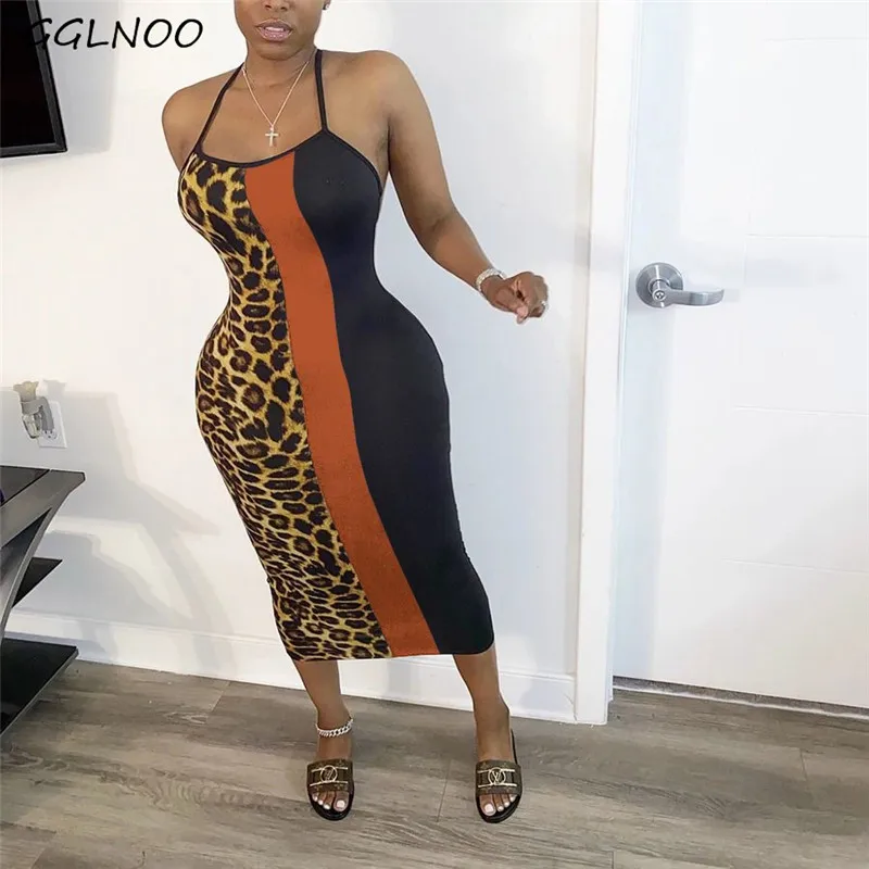 

GGLNOO Dress Strap Sexy Skinny Patchwork Leopard Party Night Club Wear Women Midi Dress