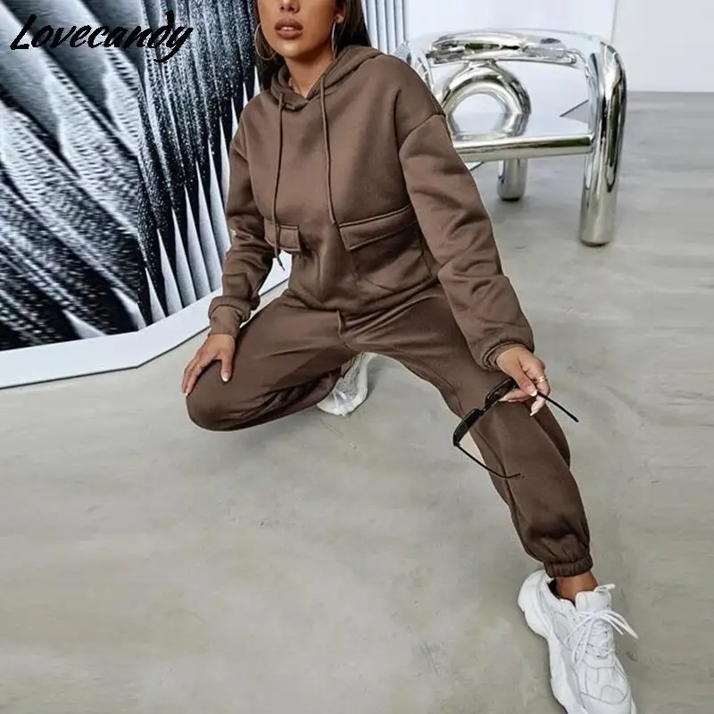 

Женский Повседневный Спортивный костюм, комплект из двух предметов, Толстовка на шнуровке с карманами и штаны на шнуровке для бега, спортив...