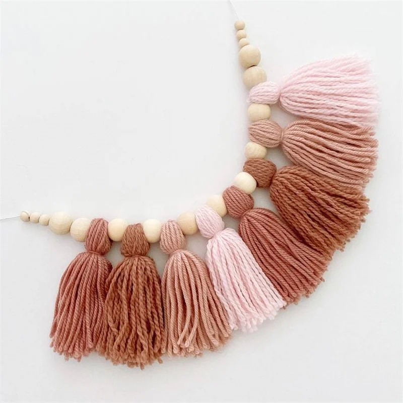 

Boho CottonTassel Wooden Beads Kids Room Decoration Nursery Tent Hanging Pendant Wall Decor Photo Props Baby Shower Supplies