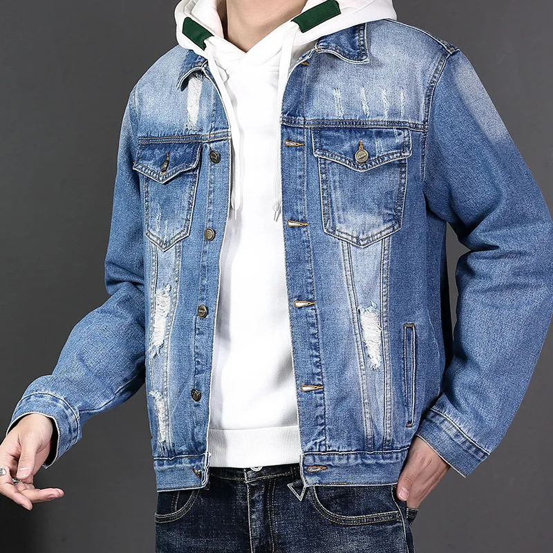 

QIBA Spring Mens Denim Jacket Fashion Thin Ripped Male Jeans Jackets Slim Fit Casual Streetwear Men Jeans Outwear Clothing.k302