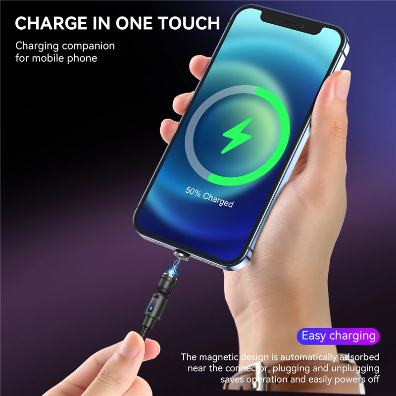 Магнитный кабель USB type-C для быстрой зарядки iPhone 12 Xiaomi Redmi Samsung со светодиодной