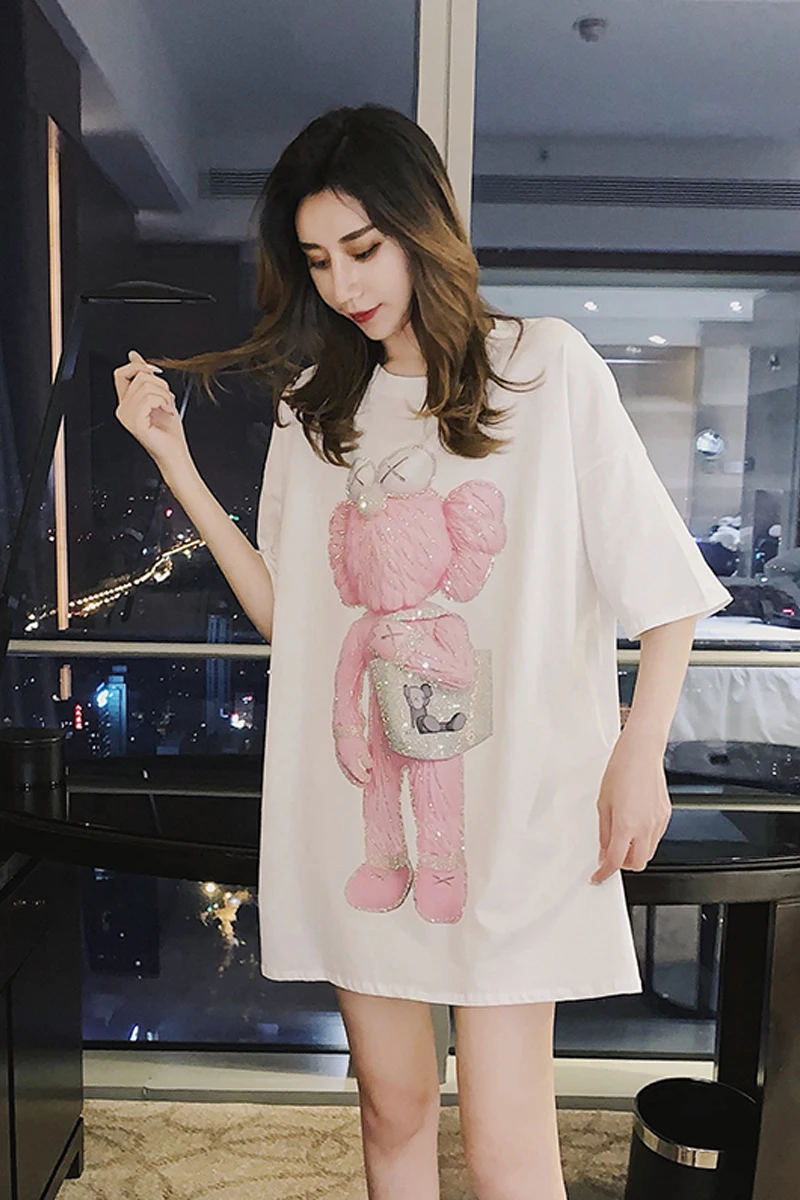 

In the summer of 2021 female long loose white short sleeve T-shirt, high quality hot drilling sesame street long modal