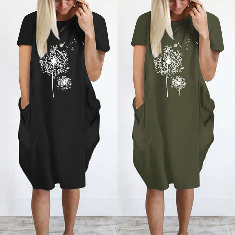 

Womens Pockets Dandelions Printing Dress Short Sleeve Plus Size Casual Midi Dresses Fashion Summer Straight Female Sundress D30