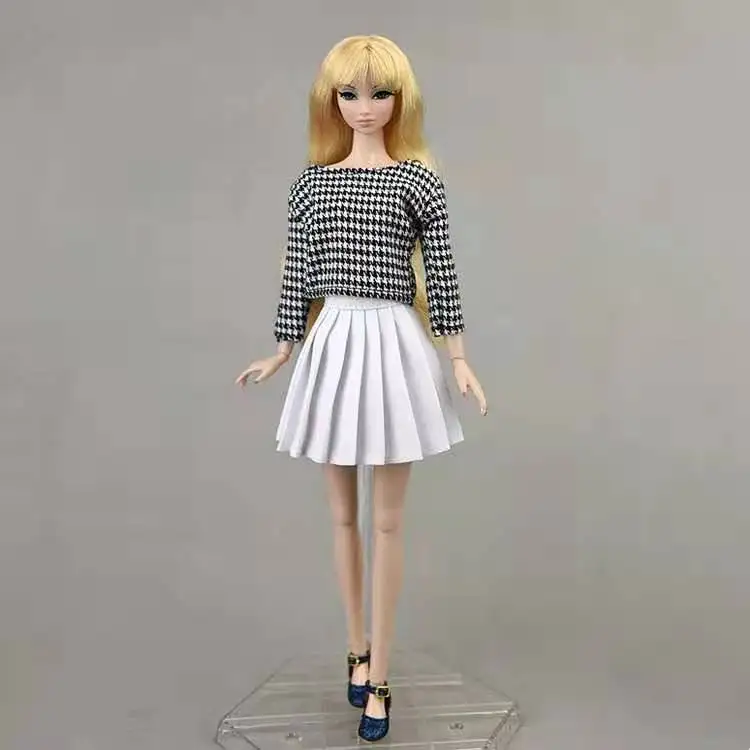 

1/6 BJD Clothes for Barbie Doll Clothes Outfits Houndstooth Plaid Shirt Top White Pleated Skirt 11.5" Dollhouse Accessories Toys