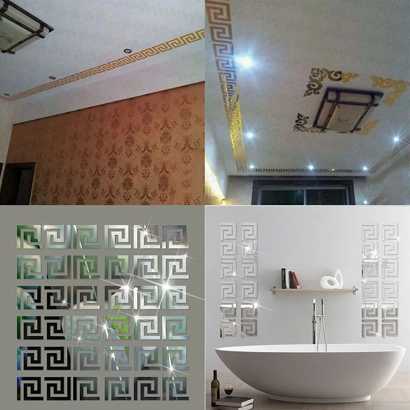 3D Acrylic Mirror Wall Stickers Geometric Greek Key Pattern DIY Art Decor Applique 10 Pieces | Дом и сад