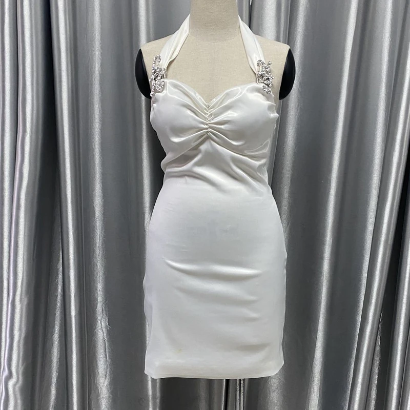 

Women Satin White Bodycon Dress Club Party Detachable Diamonds Backless Sexy Mini Halter Dress