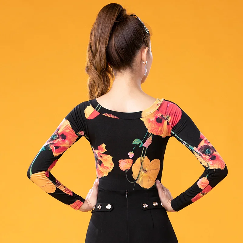 

Modern Flower Latin Dance Tops For Women Round Neck Practice Clothes Cha Cha Samba Ballroom Dancing Practice Wear Ladies DL4972