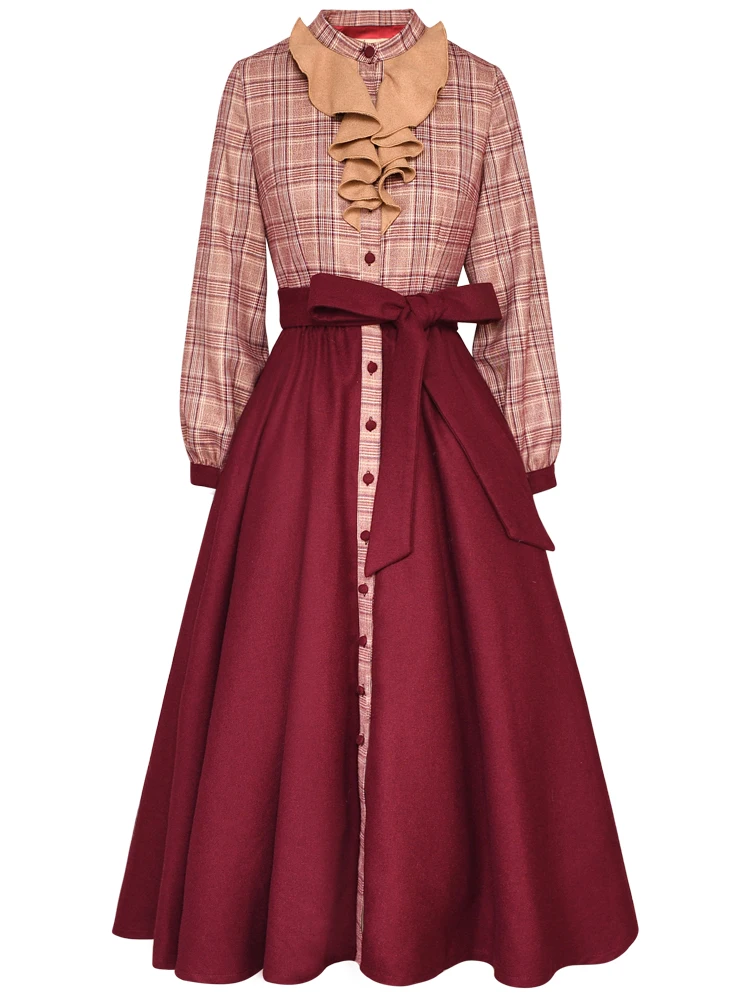 

women's autumn 2021new artistic stand collar lantern sleeve waist slimming embroidered dress long skirt