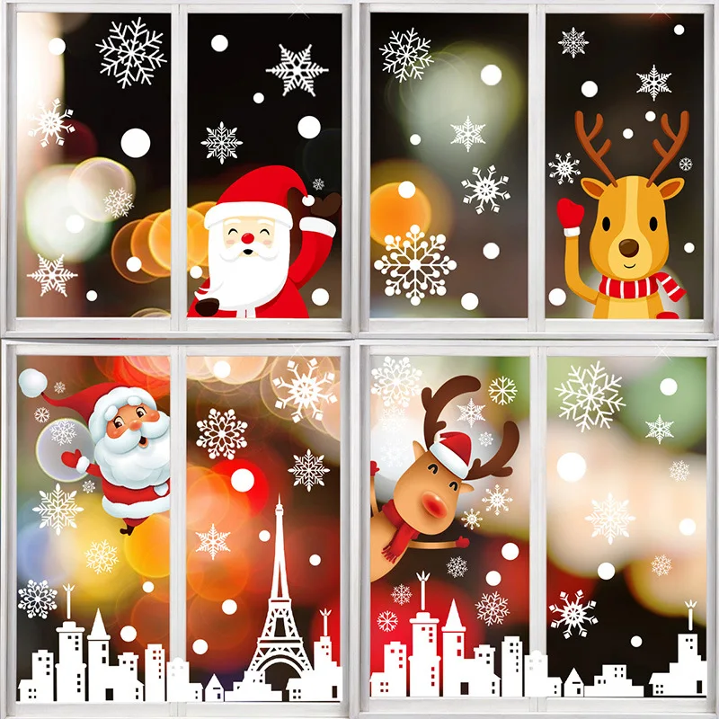 

Santa Elk Christmas PVC Static Sticker Beautify Home Windows Large Snow Flake Wall Sticker New Year Party Glass Dress up Jewelry