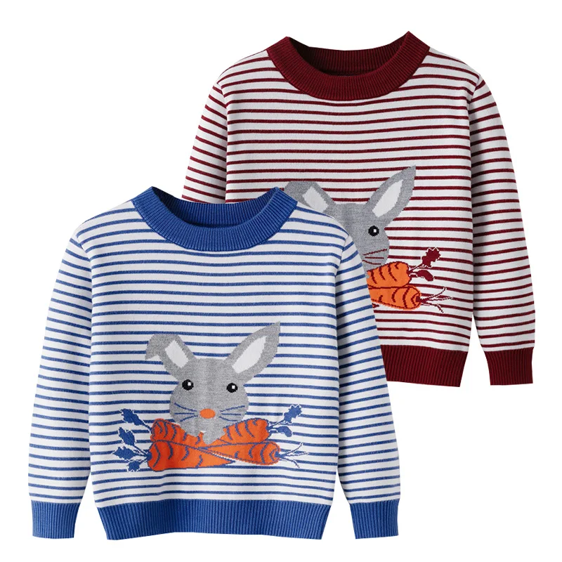 

Свитера в полоску с милым кроликом для девочек, Осенний пуловер для малышей, хлопковая смесь, зимняя детская вязаная одежда, детская одежда