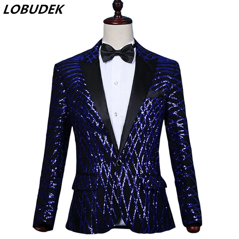 

Royal Blue Formal Me's Suit Shining Sequins Blazer Pants 2 Pieces Set Singer Host Chorus Sequin Tuxedo Suits Wedding Groom Dress