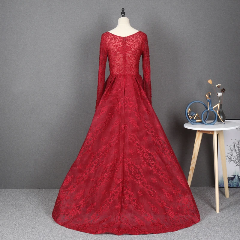 YY274 New Long Sleeve O-neck Patch Rhinestone Red Evening Dress Socialite Temperament Annual Meeting Dinner Host Women's Gown