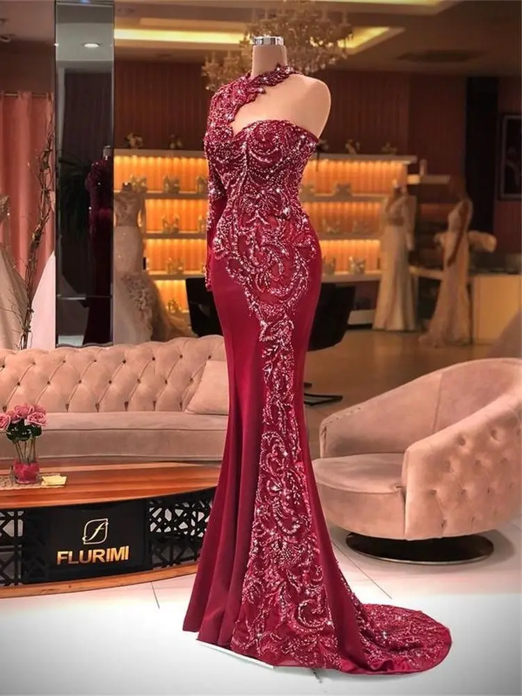 

Gorgeous Burgundy Mermaid Prom Dresses Beaded One Shoulder Long Sleeve Crystal Evening Wear Formal Party Second Reception Gowns