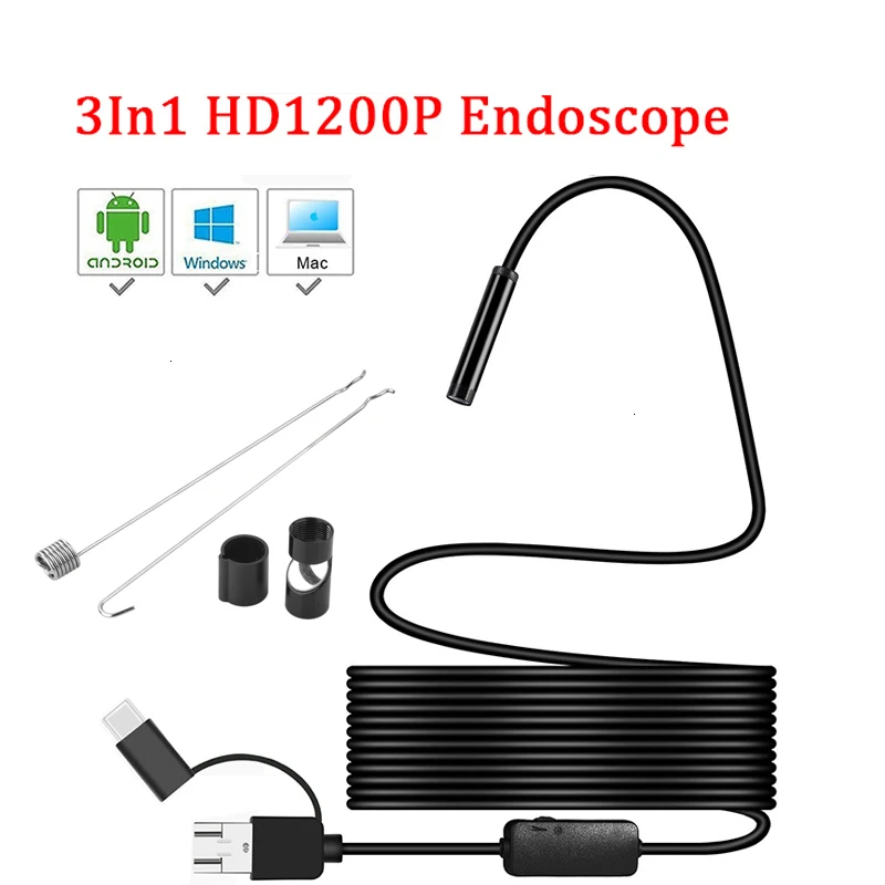 HD 1200P IP68 8 мм объектив Камера Эндоскоп Жесткая гибкая трубка Mirco USB Type C бороскоп