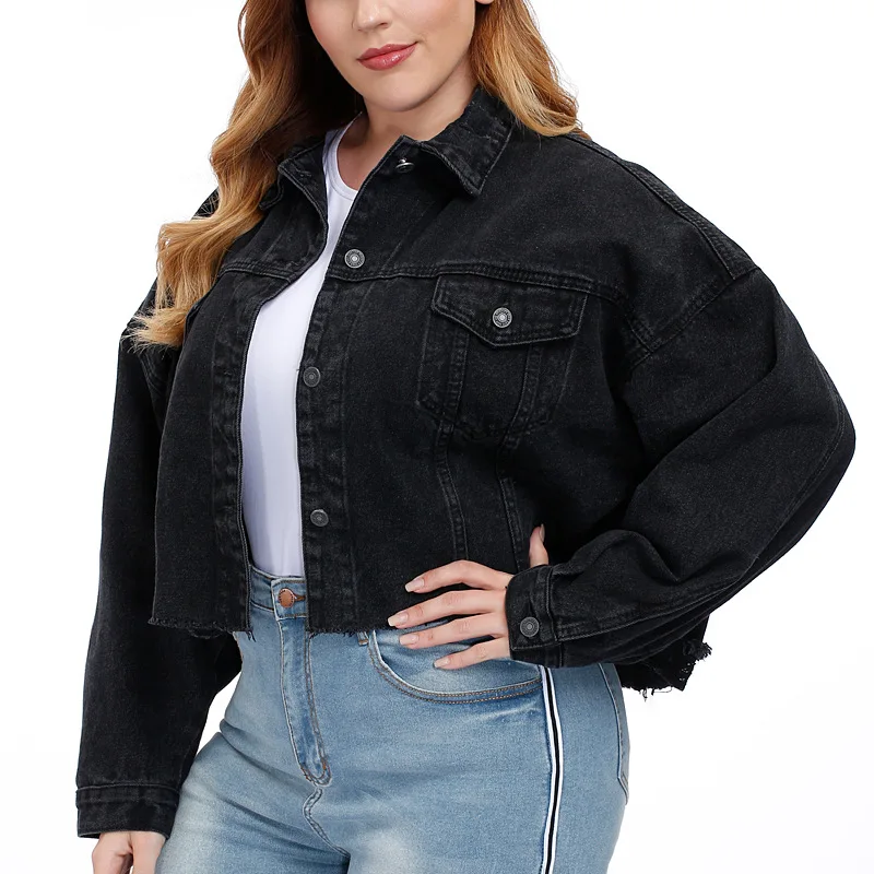 

Simple-buttons Pockets Ladies Short Black Long Sleeve Denim Jacket Lapel Coat Top Fashion Casual Winter Women Clothing Office