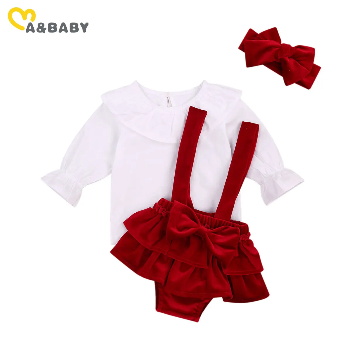 

Ma & Baby/Рождественский комплект одежды для новорожденных девочек 0-24 месяцев, белый топ с оборками, красные бархатные шорты с бантом, повязка н...
