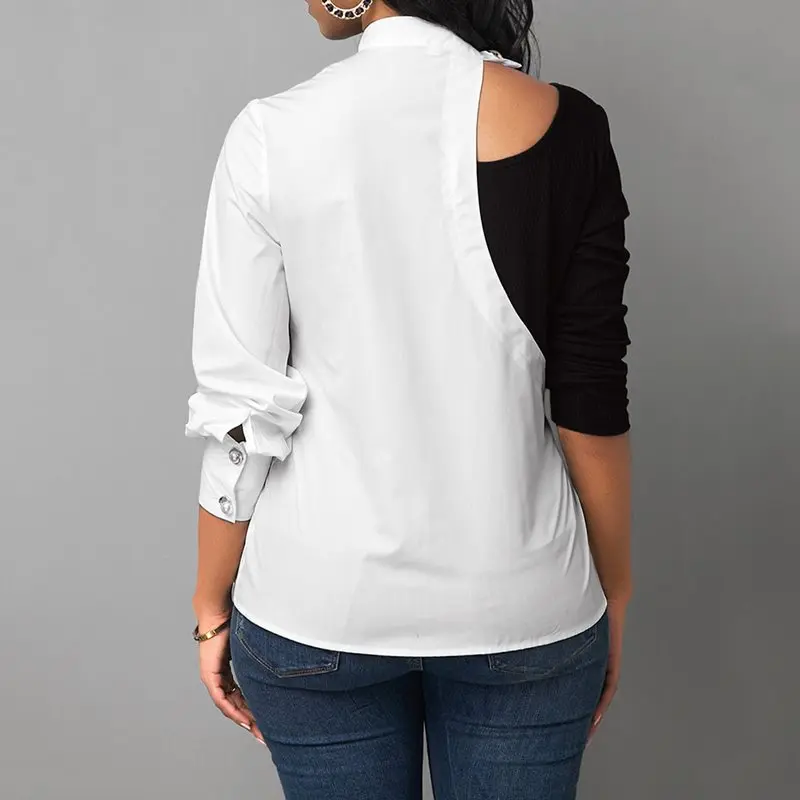 Офисная блузка рубашка Женская Лоскутная Асимметричная черная белая цветная