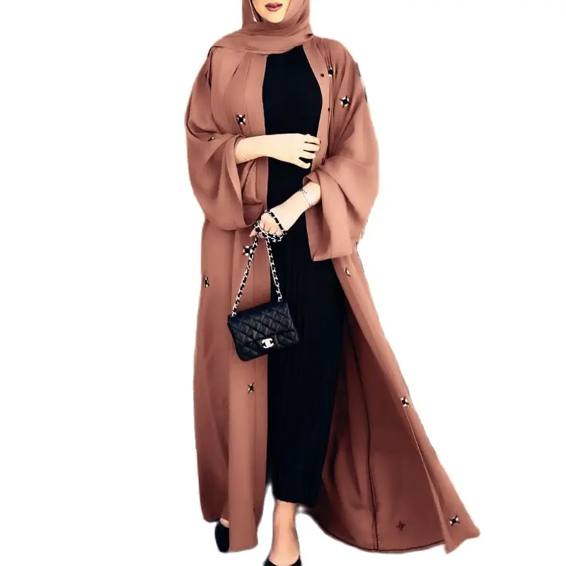 

2021 spring and summer new solid color robe ladies Dubai fashion beaded Islamic cardigan robe dress Ramadan