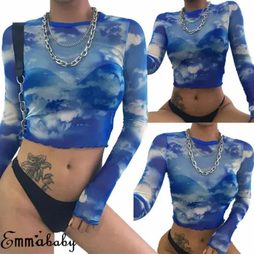 Женский укороченный топ с длинными рукавами и круглым вырезом модный сетчатый в