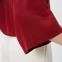 VOA Silk 14mm Wine Red Double Crepe Cropped Bat Sleeve Hem Lace-up Waist Single-breasted Shirt BE192 Blouse Women 2021