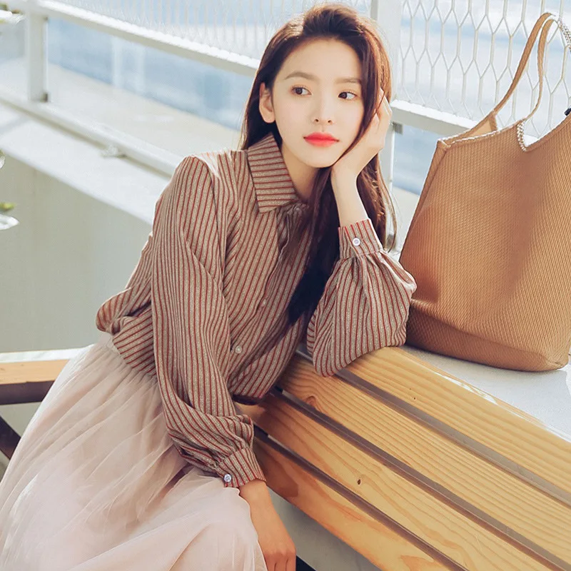 Полосатые женские блузки с отложным воротником рубашки длинными рукавами и