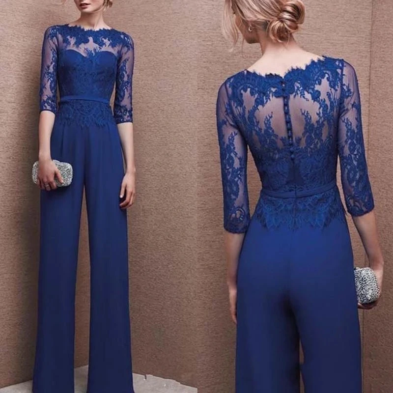 Royal Blue Mother Of The Bride Dresses Sheath Half Sleeves Chiffon Lace With Pants Suit Long Groom Mother Dresses For Weddings royal weddings