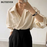 bgteever casual turn down collar women solid blouses tops 2021 autumn full sleeve pocket female shirts elegant ladies blusas
