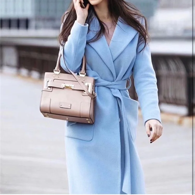

Vintage jacket women elegant coat blue turn down collar overcoat women belted coat fashion tweed jacket loose pocket jacket 2020