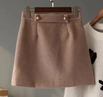 khaki Прямые продажи, новинка, женские юбки, женская юбка, однотонная, трапециевидная, на пуговицах, выше колена, Мини Длина, завышенная талия, Осень-зима - Цвет: khaki