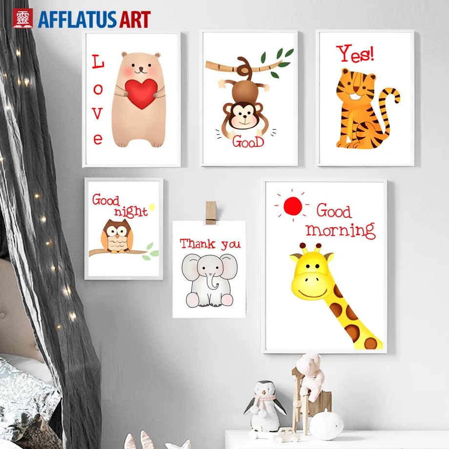 Мультяшный тигр медведь обезьяна Сова настенная живопись на холсте