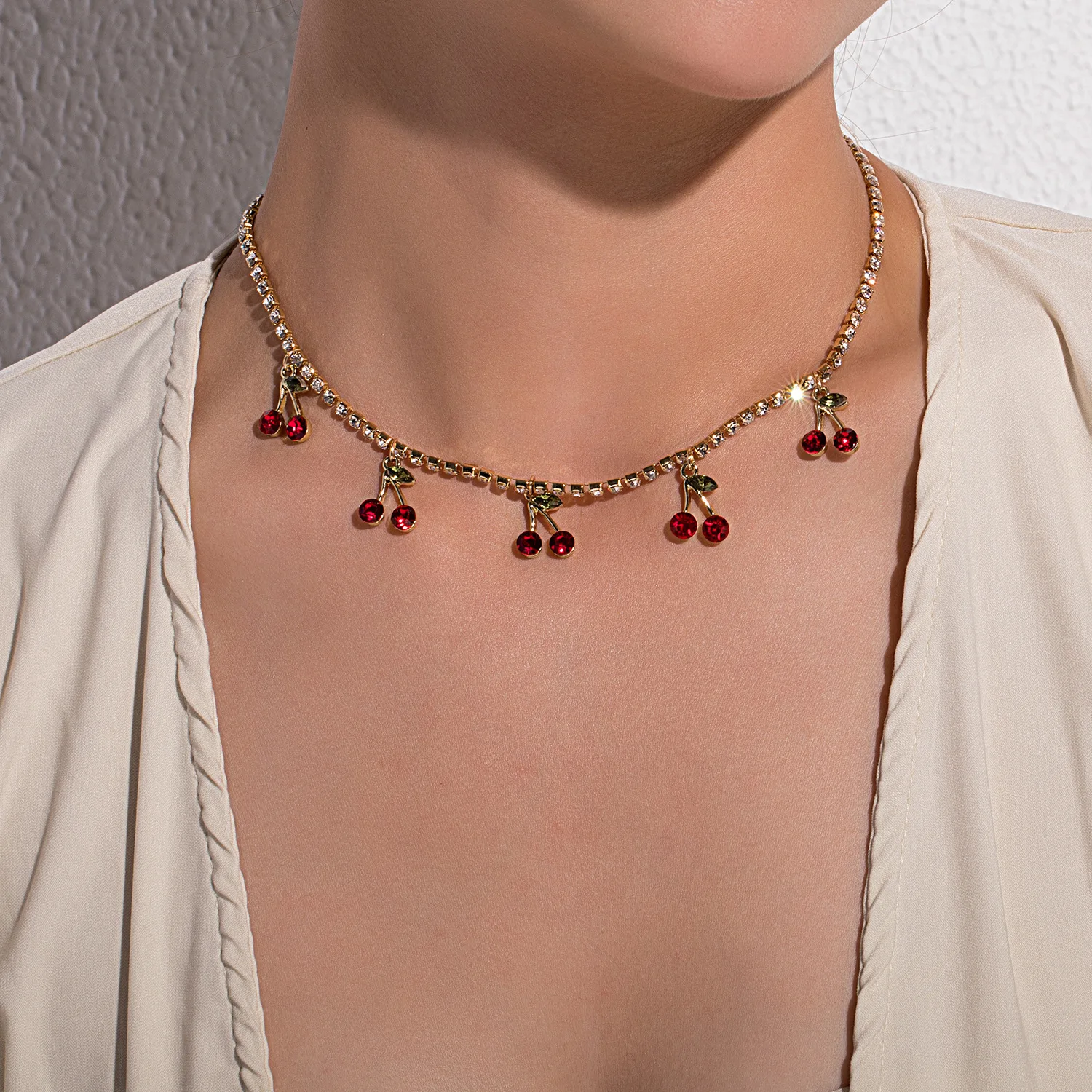 

Vintage red cherry necklace female rhinestone clavicle chain