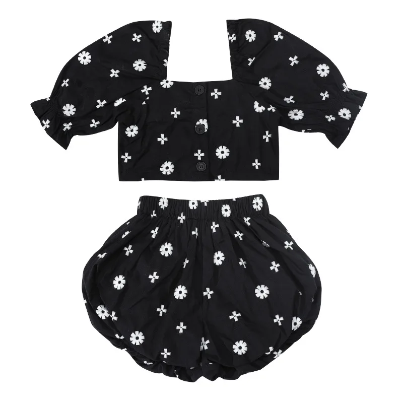 

Summer Girls Shorts Sets Fashion Short Tops Bloomers 2pcs Children Clothing Black Square Collar Princess Style Girly Clothes 8 Y