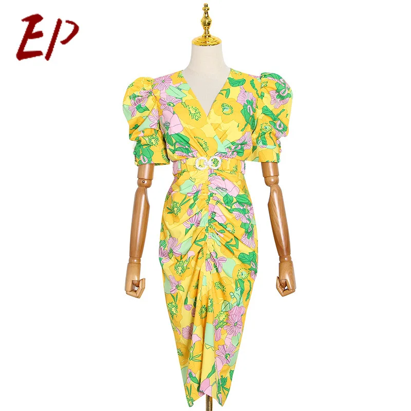 

EP 2021 Spring New Sexy Dress Corset Dress Female Knee-Length Puff Sleeve Empire Asymmetrical Women Short Dress