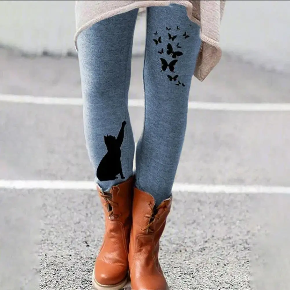 

Women Casual Elastic Waistband Cats Butterflies Print Leggings Long Skinny Pants