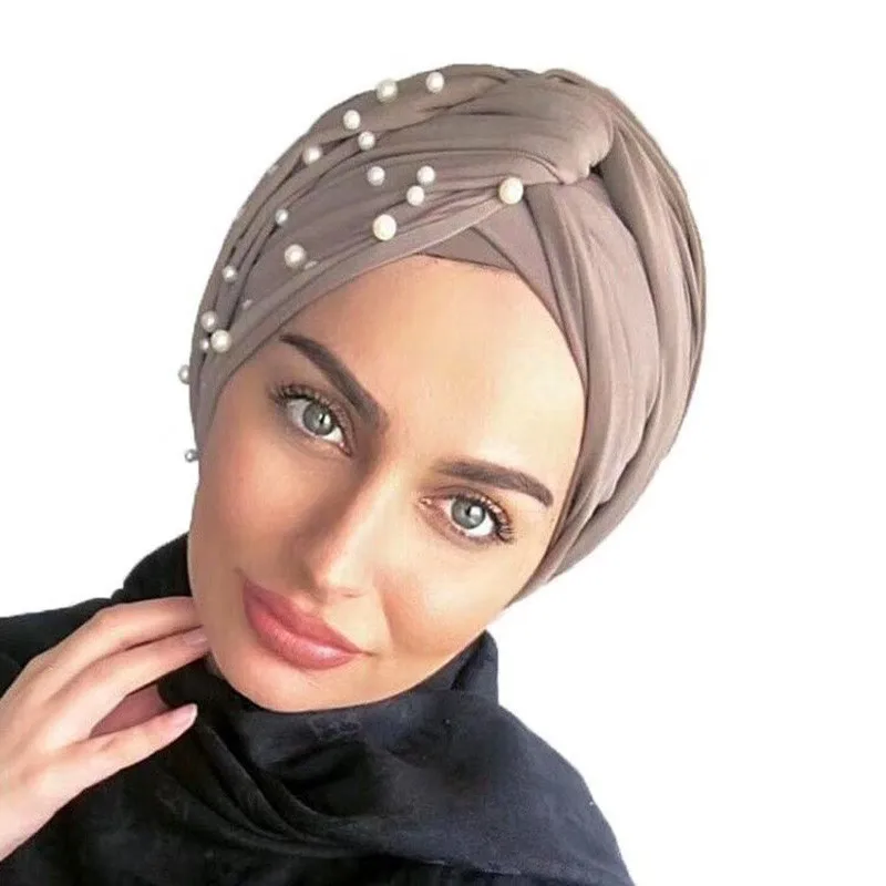 

Frauen Perle Friesen Elastische Turban Hut Krebs Kappe Kopf Wrap Baumwolle Twist Chemo Kappe Beanie Hijab Caps Headwear