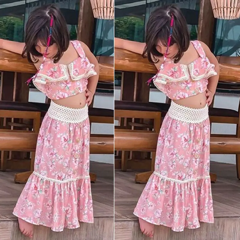 

Pudcoco Toddler Baby Girl Clothes Flower Print Sling Crop Ruffle Tops Long Skirt 2Pcs Outfits Clothes Sunsuit