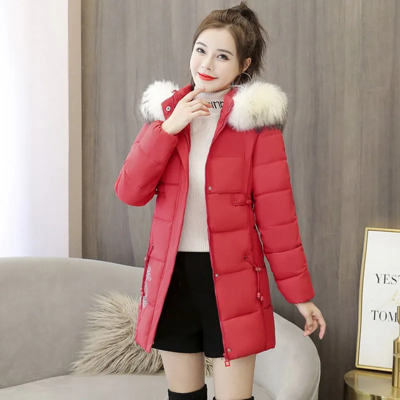 Women Parkas 2021New Winter Fashion Womens Cotton Jackets Loose Warm Hooded Big Fur Collar Print Women Down Cotton Coat NBH188