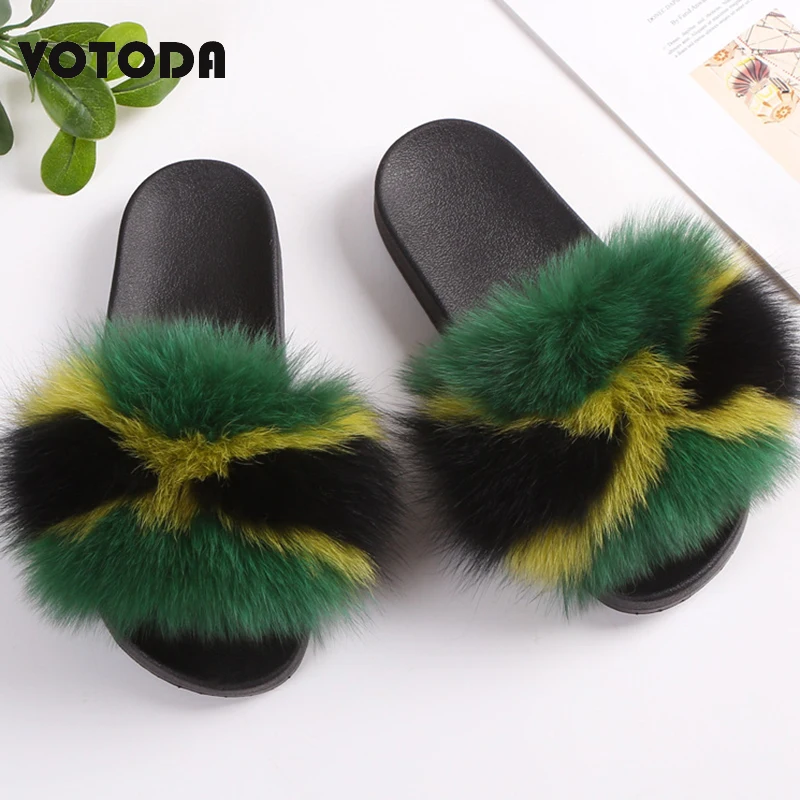 mixed color f Модные женские шлепанцы с пушистым лисьим мехом; сандалии с мехом енота; Вьетнамки с мехом; домашние тапочки на плоской подошве; Женская потрясающая пушистая обувь - Цвет: mixed color f