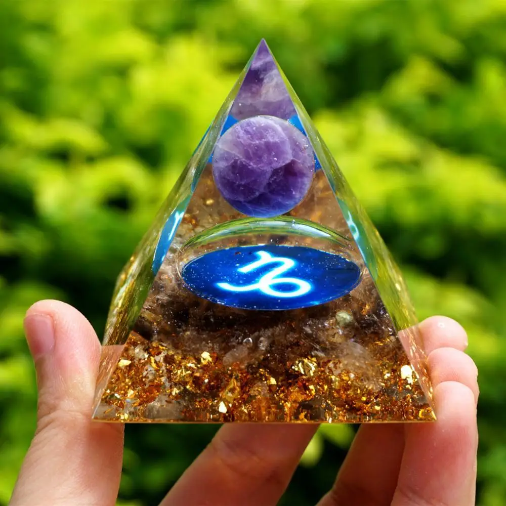 

Amethyst Crystal Sphere Zodiac Orgone Pyramid CAPRICORN Geometry Pattern with Smoky Quartz Stone Orgonite EMF Protection