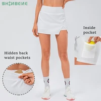 shinbene 3 2in1 ribbed high waist sport tennis skorts women leisure a line golf skorts skirts with pockets and inner shorts