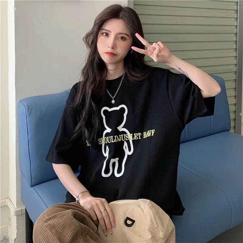 

y2k Harajuku short-sleeved T-shirt female ins tide summer dress 2021 new loose T-shirt black spring top футболка оверсайз топ