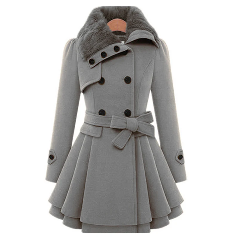 

outerwear winter Women Slim Coat Windbreaker Overcoat Belt Warm Fur Collar long solid color warm retro Elegant tops ladies