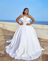 hot sale strapless beach ballgown wedding dresses with big train satin sequins beaded african wedding bridal gowns