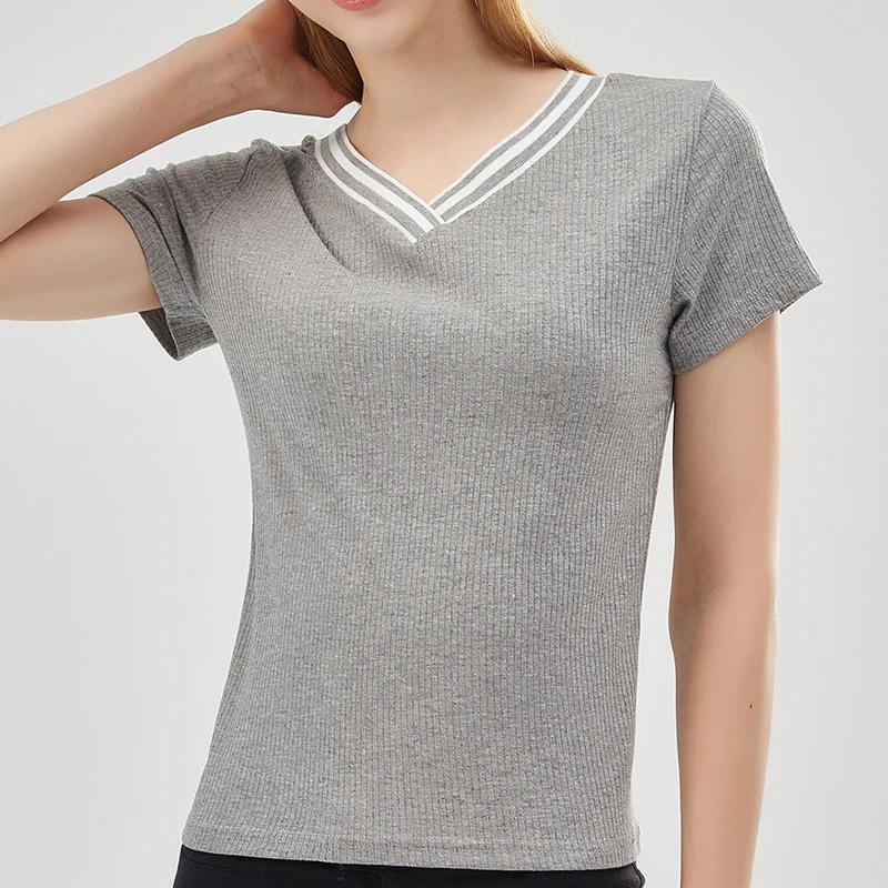 

Women Top Tee V Neck T-Shirts Short Sleeve Tops Casual Knitted Summer Tshirts Harajuku Women's T-shirt 2021 Vetement Femme