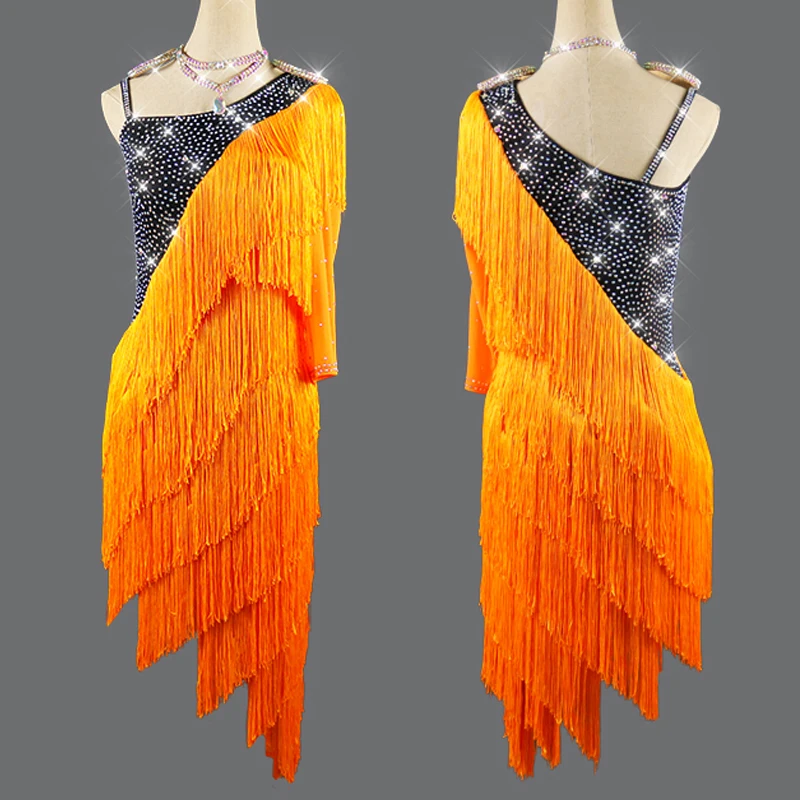 

High Quality Latin Dance Dress Female Performing Competition Orange Fringe Dance Dress Chacha/Samba/ Rumba Costume VDB2367