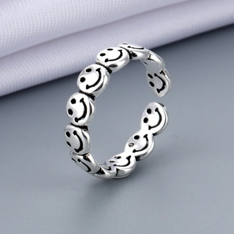 

2021 New Punk Vintage Smiling Face Finger Rings For Women Girl Hip Hop Opening Adjustable Weaving Statement Gift Jewelry