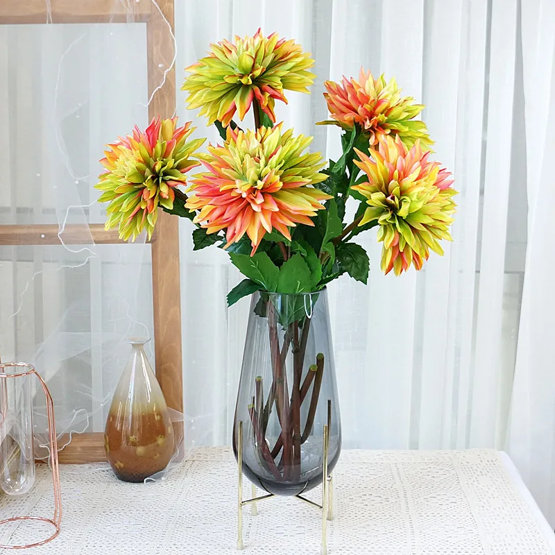 

Flores Artificiais Luxury Real Touch Big Dahlia Long Branch with Green Leaf Artificial Flowers for Home Room Decor Fake Flower