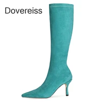 dovereiss winter new fashion sexy pointed toe blue gray yellow apricot clear heels boots stilettos heels knee high boots 44 45
