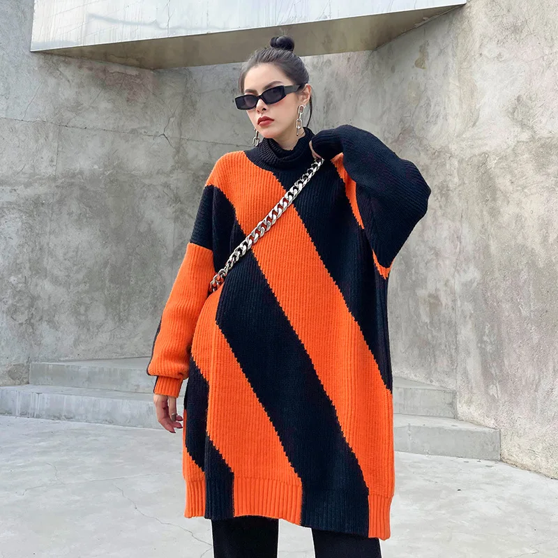 

Black White Striped Sweater Long Fashion Women's Bottom Autumn Winter Large Size Thick Knit Sweater Outside Long Pullover