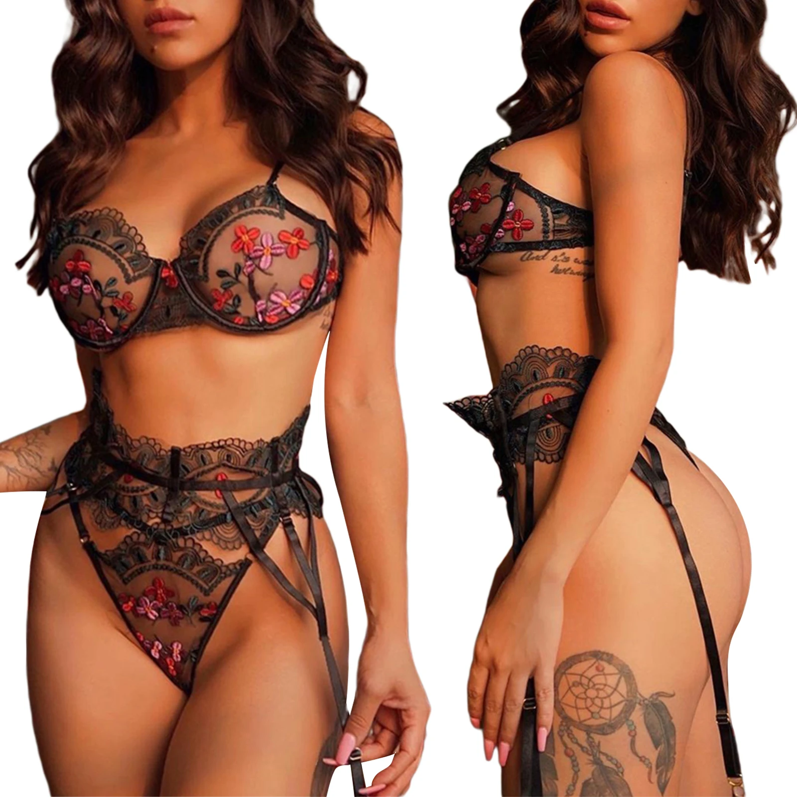 

Women Sexy Lingerie Set, Female Vintage Court Style Embroidered Flower Floral Steel Ring Three Piece Set